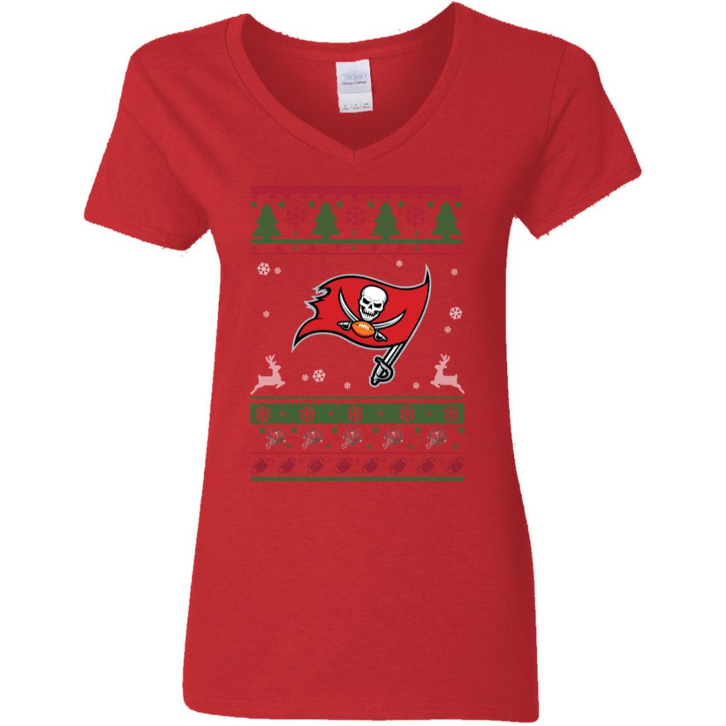 Tampa Bay Buccaneers Logo Football Teams Ugly Christmas Sweater Women V-Neck T-Shirt