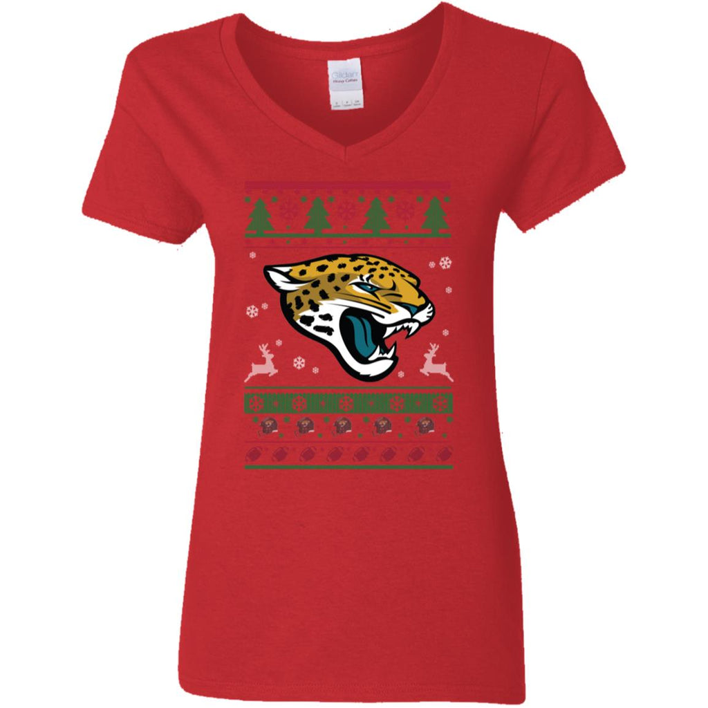 Jacksonville Jaguars Logo Football Teams Ugly Christmas Sweater Women V-Neck T-Shirt