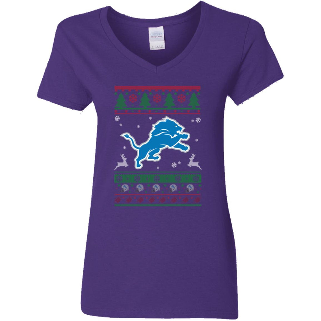 Detroit Lions Logo Football Teams Ugly Christmas Sweater Women V-Neck T-Shirt