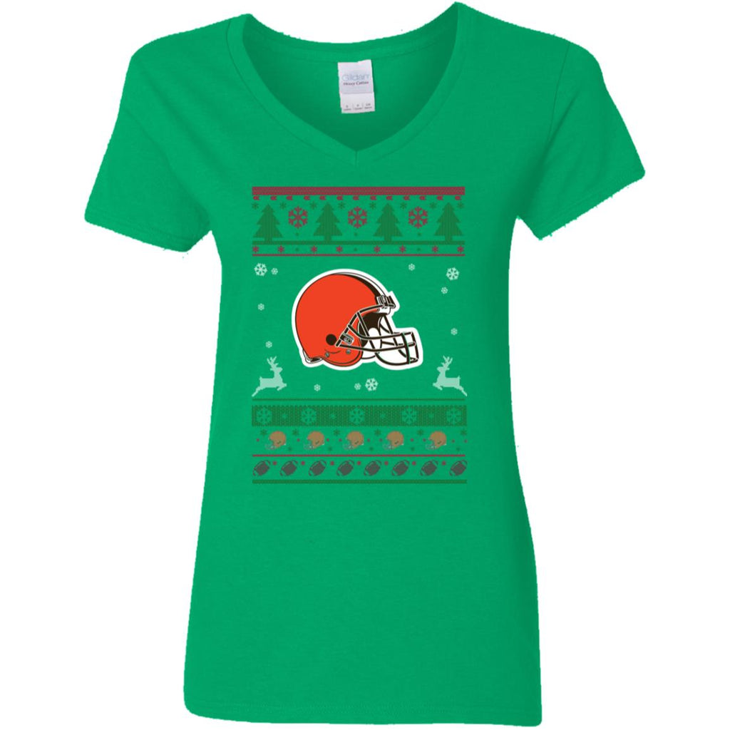 Cleveland Browns Logo Football Teams Ugly Christmas Sweater Women V-Neck T-Shirt