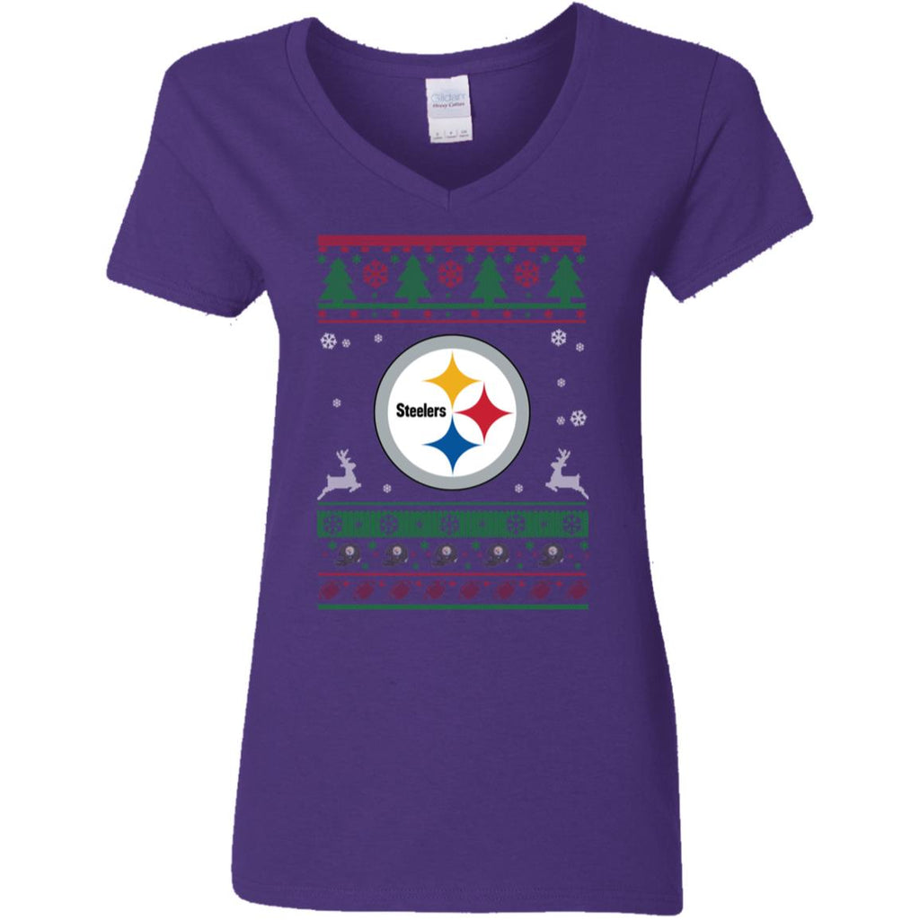 Pittsburgh Steelers Logo Football Teams Ugly Christmas Sweater Women V-Neck T-Shirt