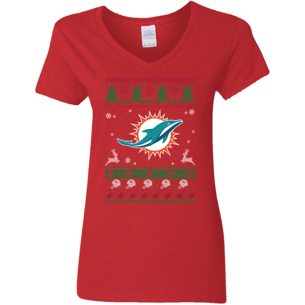 Miami Dolphins Logo Football Teams Ugly Christmas Sweater Women V-Neck T-Shirt