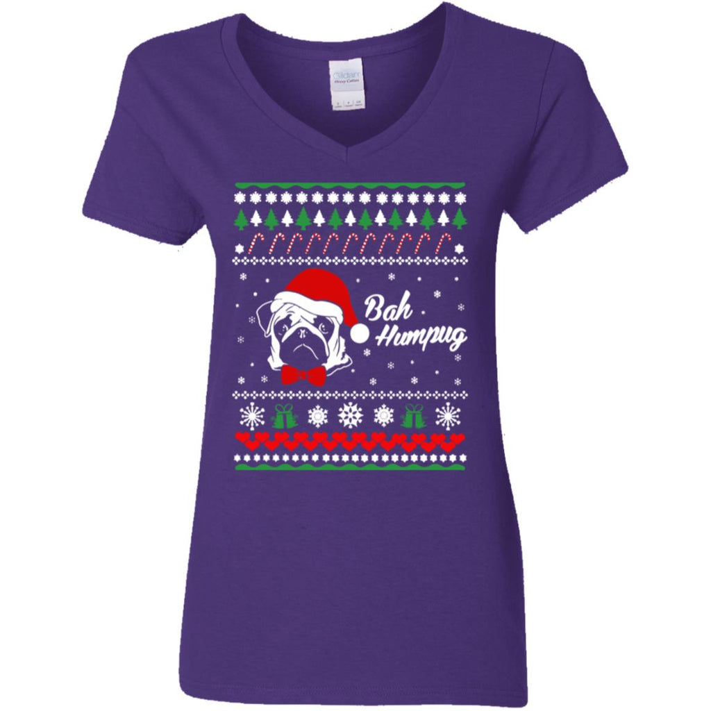 Bah Hum Pug Dog Christmas Women V-Neck T-Shirt