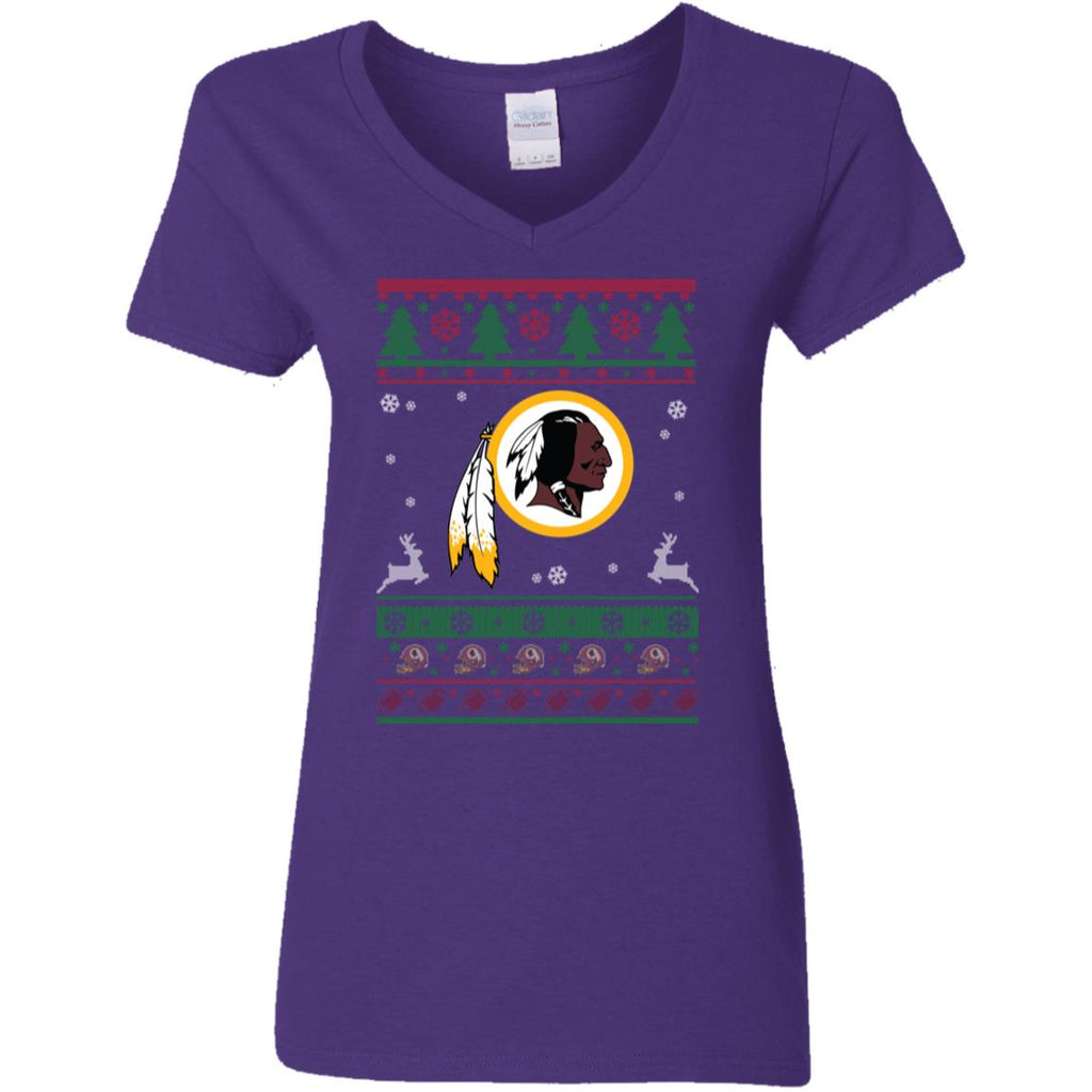 Washington Redskins Logo Football Teams Ugly Christmas Sweater Women V-Neck T-Shirt