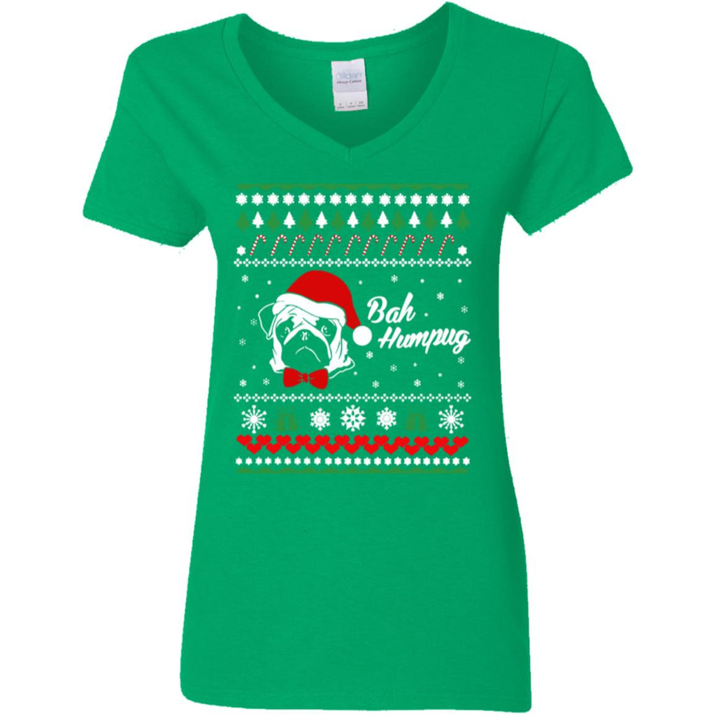 Bah Hum Pug Dog Christmas Women V-Neck T-Shirt