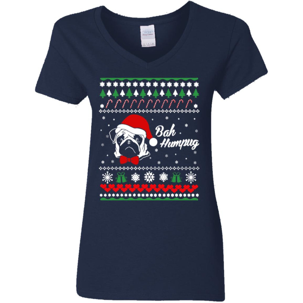 Bah Hum Pug Dog Christmas Women V-Neck T-Shirt