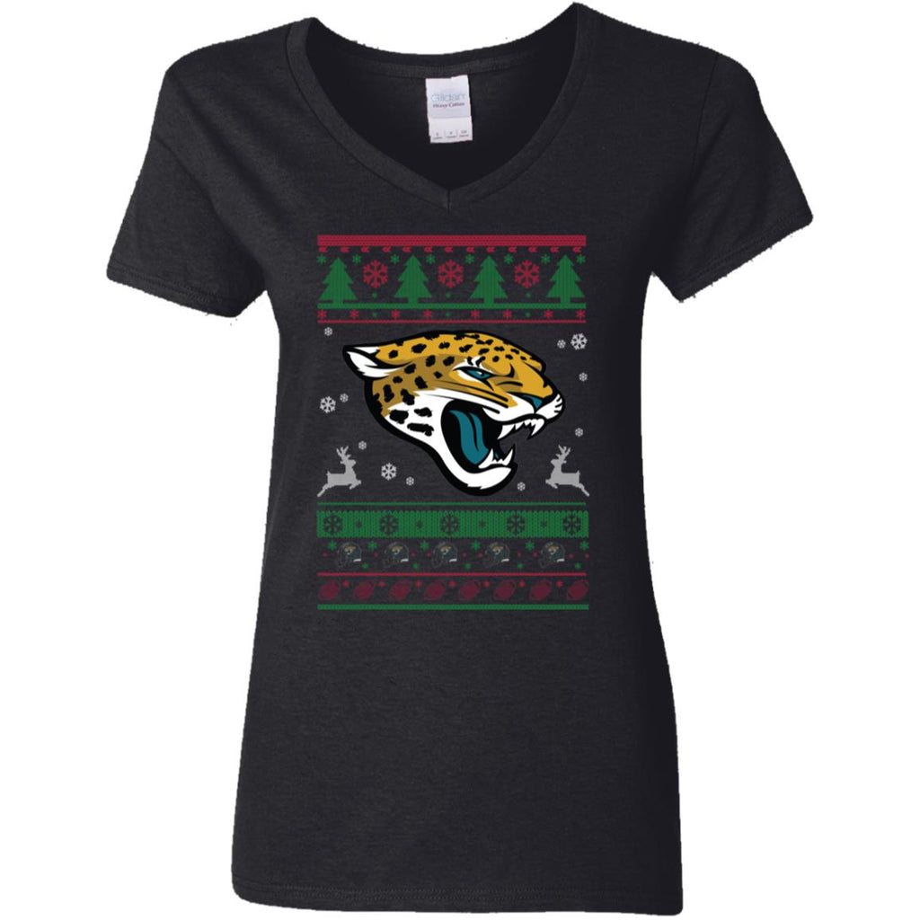 Jacksonville Jaguars Logo Football Teams Ugly Christmas Sweater Women V-Neck T-Shirt