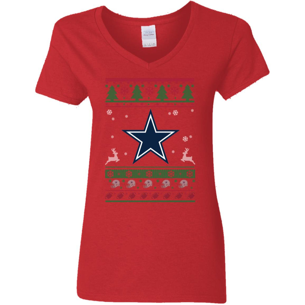 Dallas Cowboys Logo Football Teams Ugly Christmas Sweater Women V-Neck T-Shirt