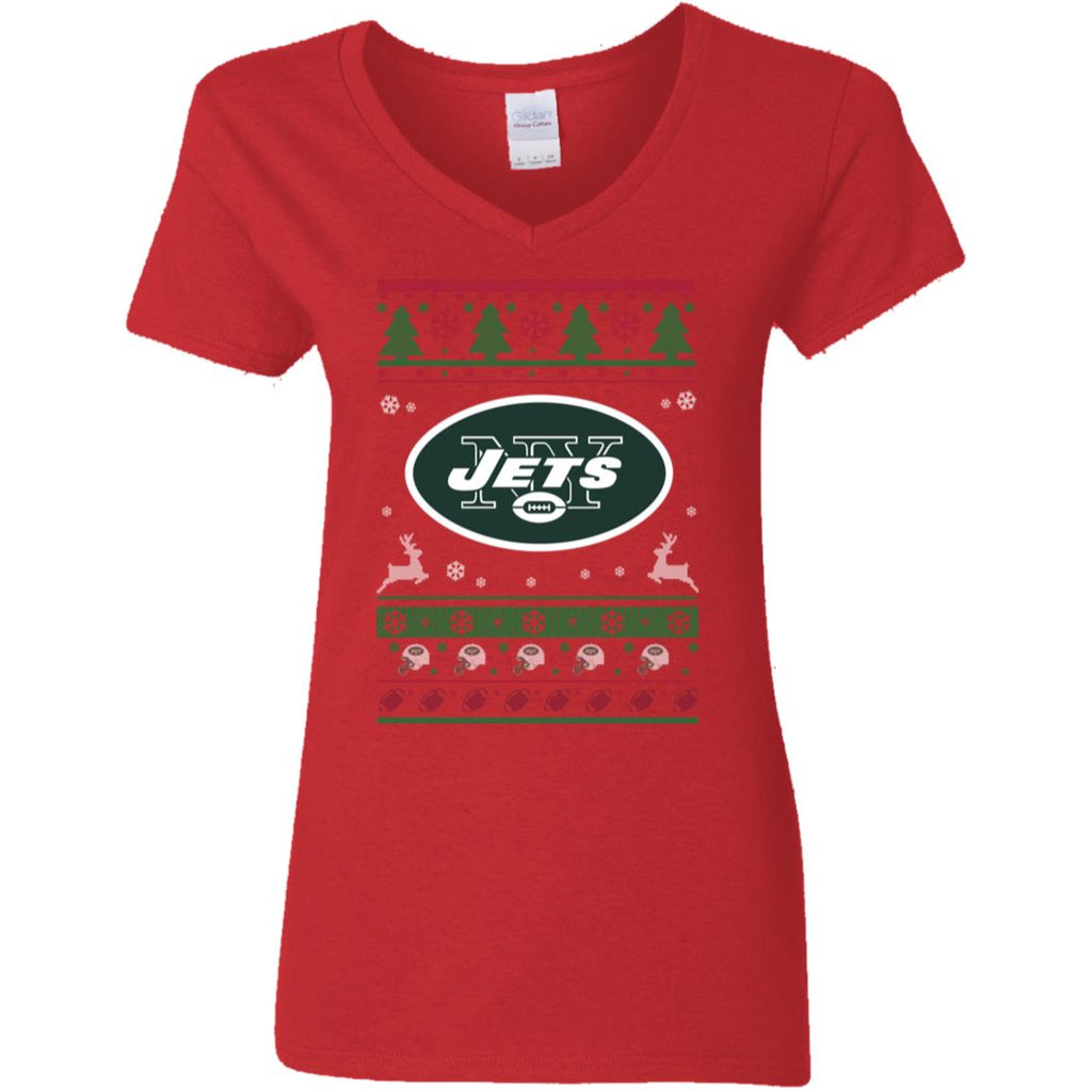 New York Jets Logo Football Teams Ugly Christmas Sweater Women V-Neck T-Shirt