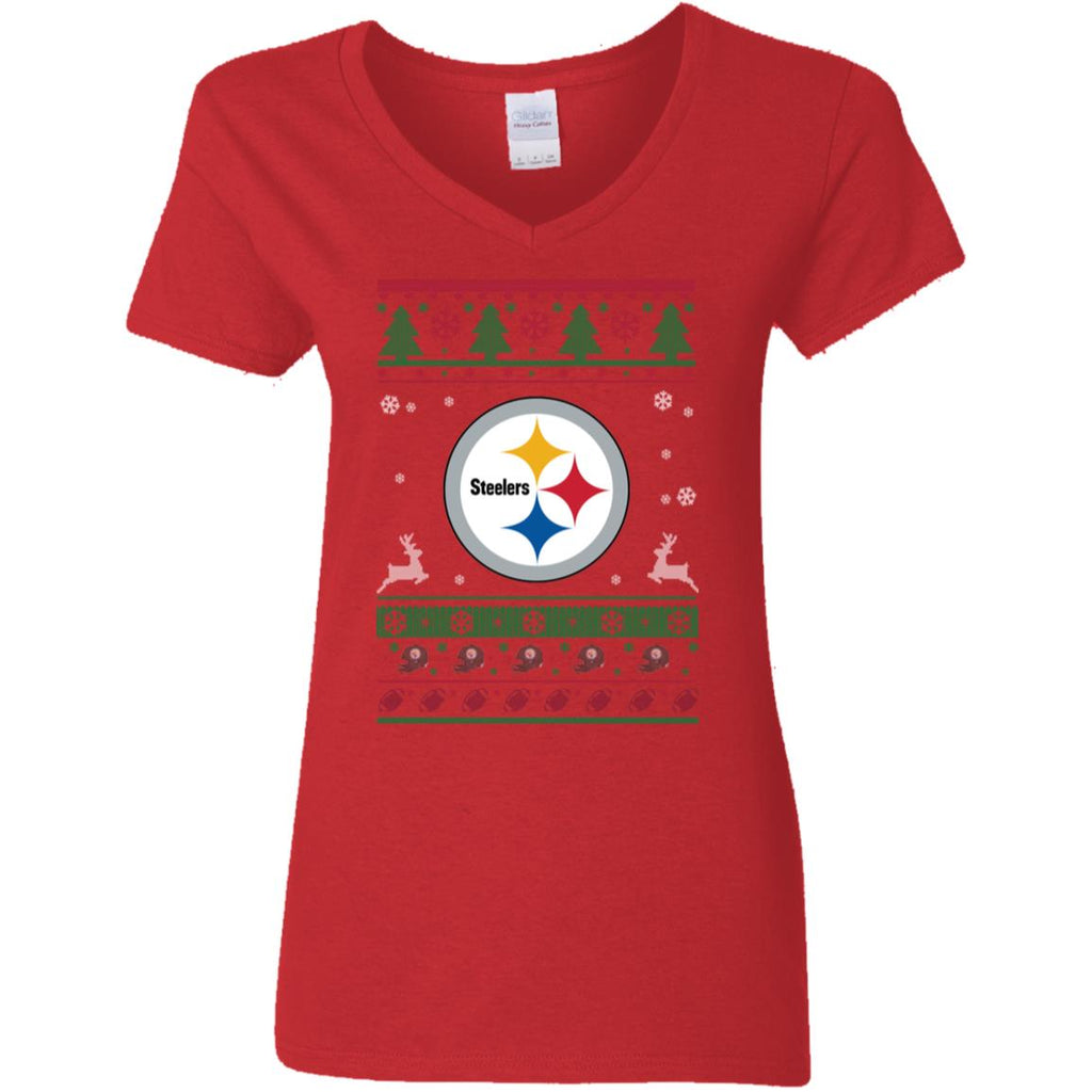 Pittsburgh Steelers Logo Football Teams Ugly Christmas Sweater Women V-Neck T-Shirt