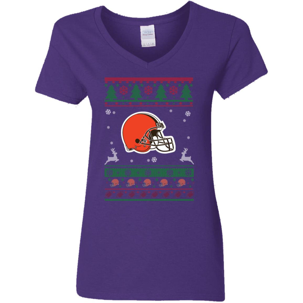 Cleveland Browns Logo Football Teams Ugly Christmas Sweater Women V-Neck T-Shirt