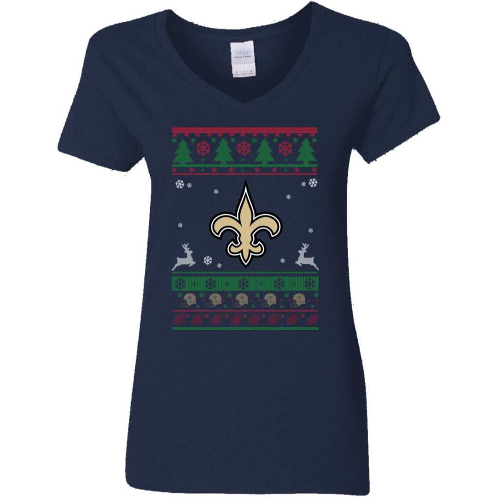 New Orleans Saints Logo Football Teams Ugly Christmas Sweater Women V-Neck T-Shirt