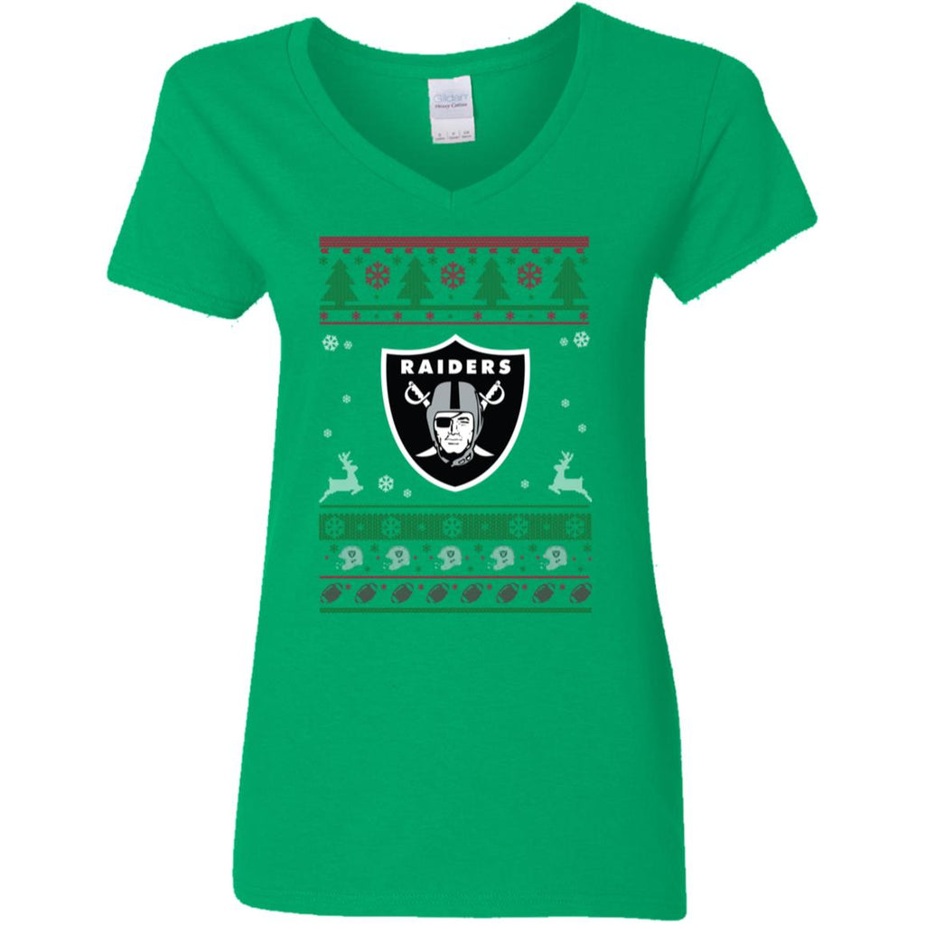 Oakland Raiders Logo Football Teams Ugly Christmas Sweater Women V-Neck T-Shirt