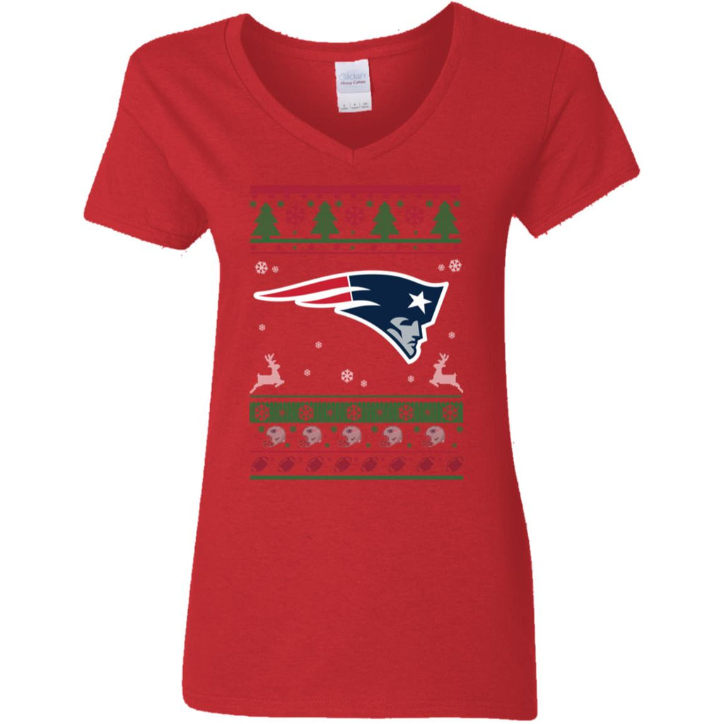 New England Patriots Logo Football Teams Ugly Christmas Sweater Women V-Neck T-Shirt