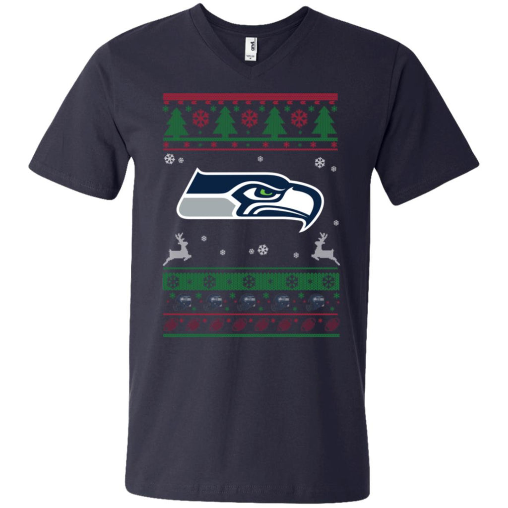 Seattle Seahawks Logo Football Teams Ugly Christmas Sweater Men V-Neck T-Shirt