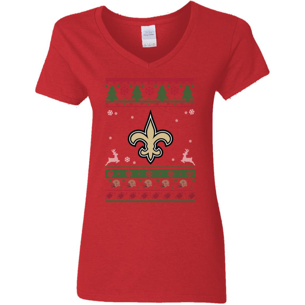 New Orleans Saints Logo Football Teams Ugly Christmas Sweater Women V-Neck T-Shirt