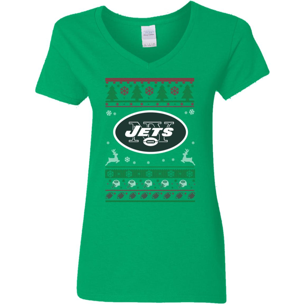 New York Jets Logo Football Teams Ugly Christmas Sweater Women V-Neck T-Shirt