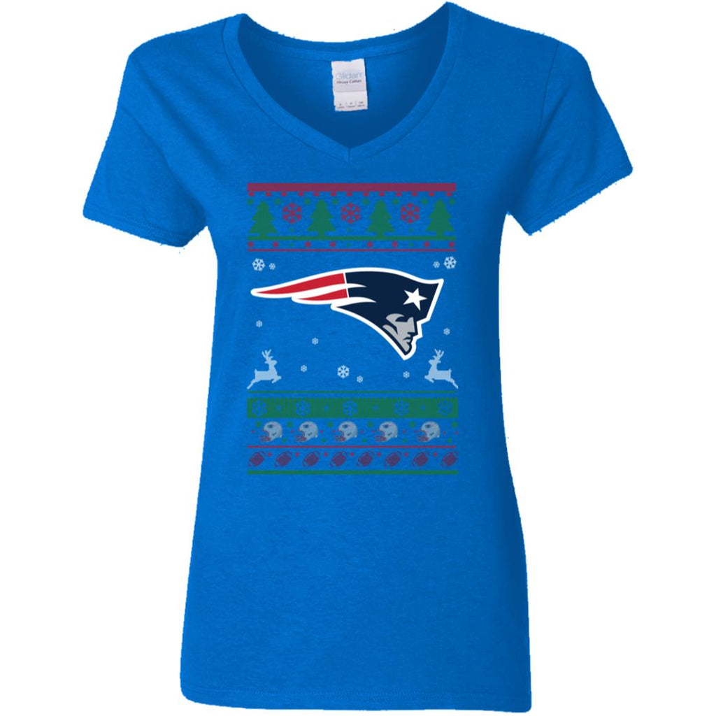 New England Patriots Logo Football Teams Ugly Christmas Sweater Women V-Neck T-Shirt