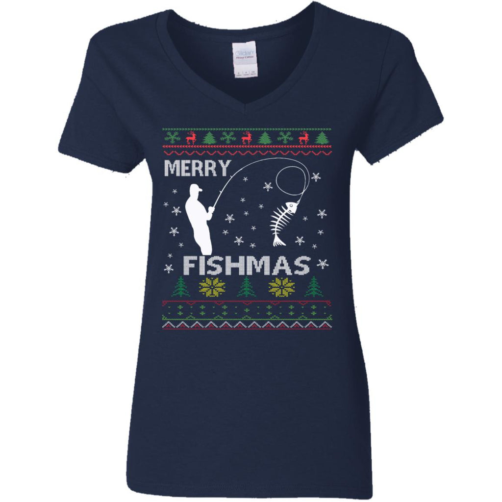 Merry Fishmas Ugly Christmas Women V-Neck T-Shirt