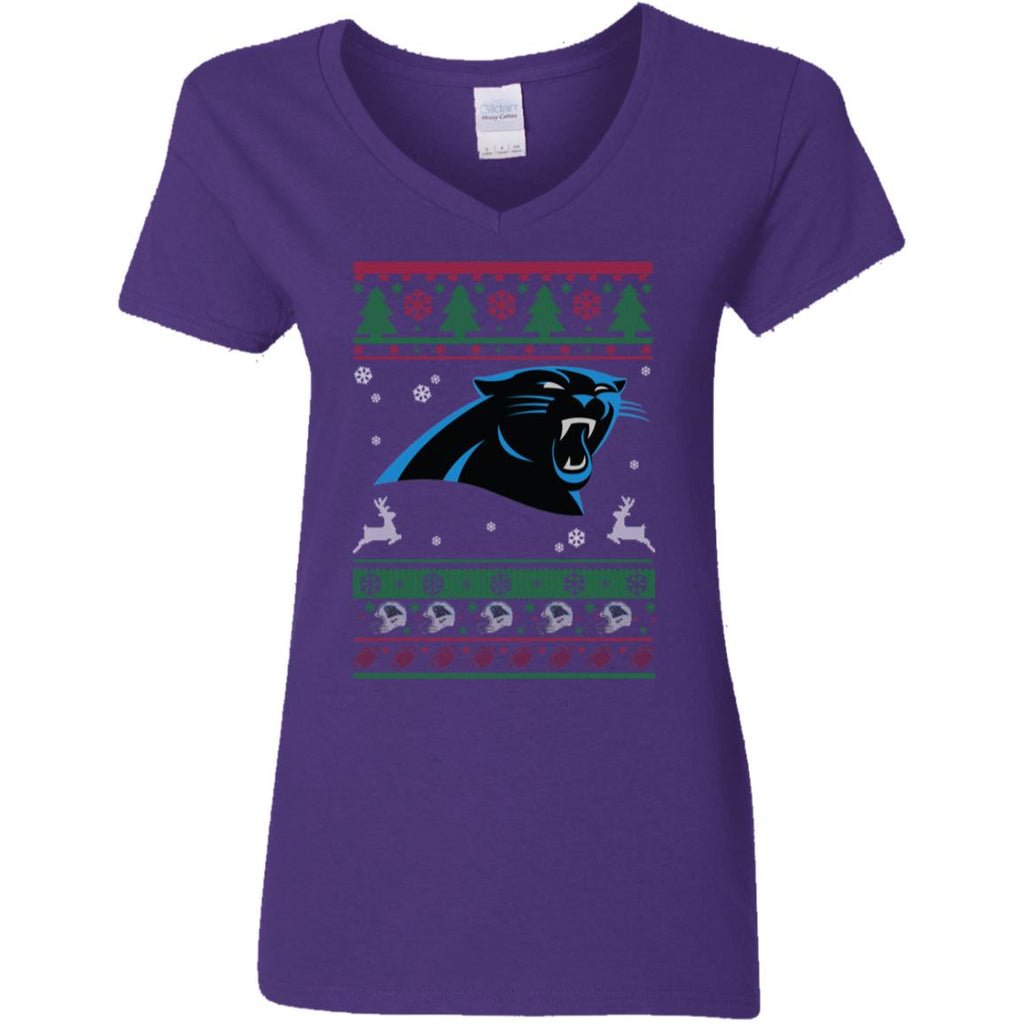 Carolina Panthers Logo Football Teams Ugly Christmas Sweater Women V-Neck T-Shirt