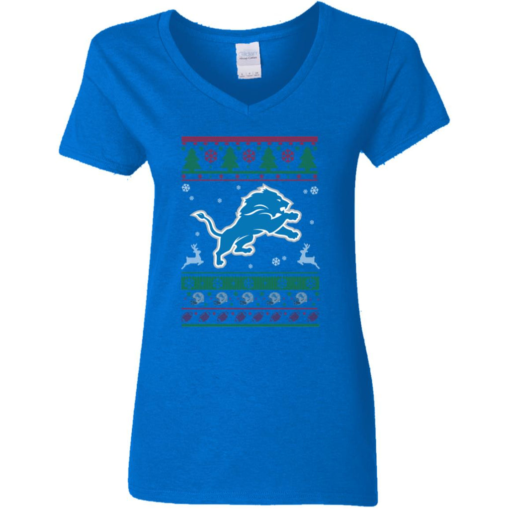 Detroit Lions Logo Football Teams Ugly Christmas Sweater Women V-Neck T-Shirt
