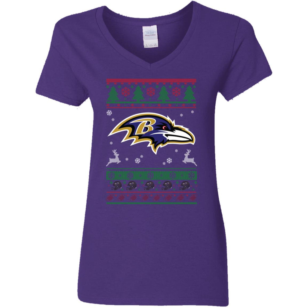 Baltimore Ravens Logo Football Teams Ugly Christmas Sweater Women V-Neck T-Shirt