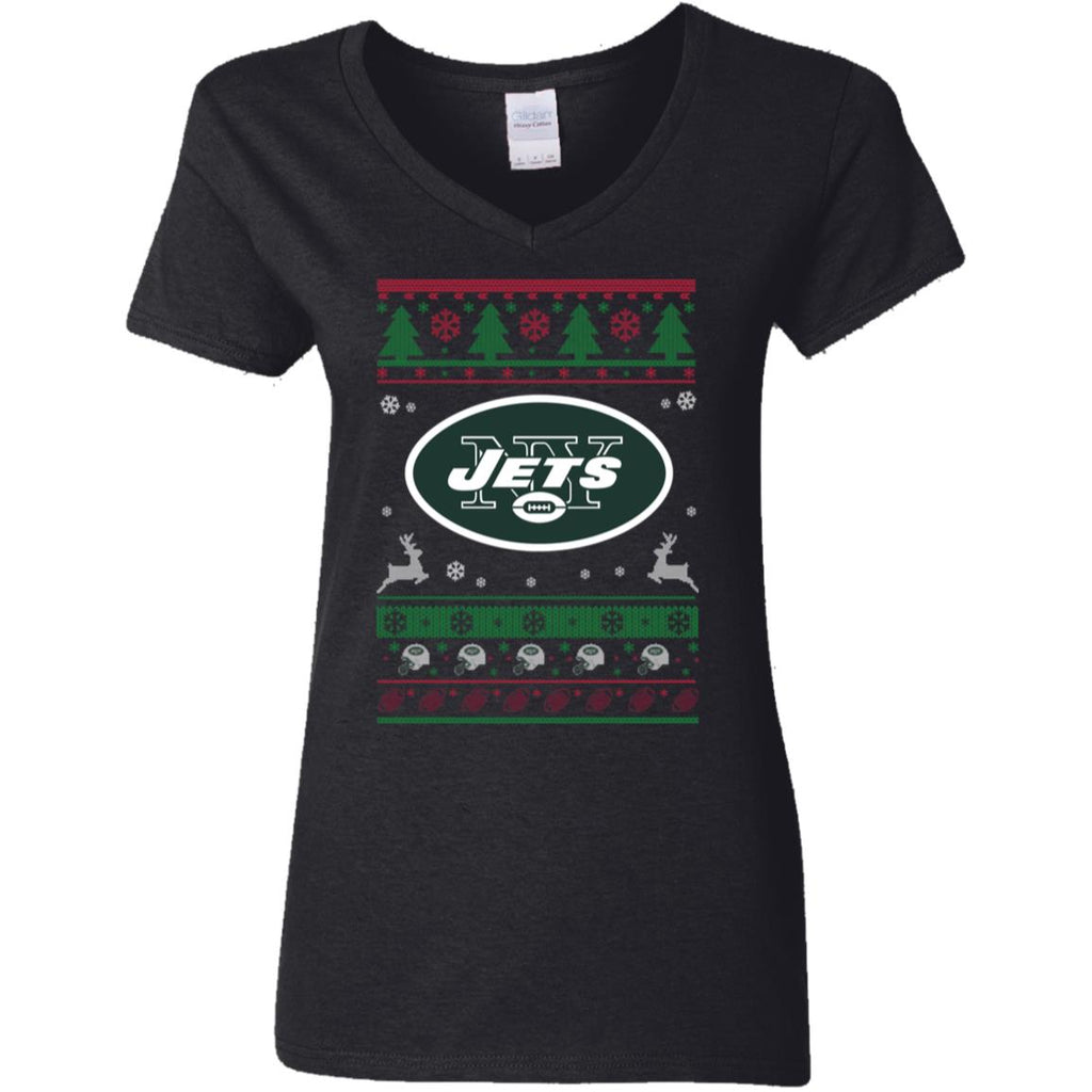 New York Jets Logo Football Teams Ugly Christmas Sweater Women V-Neck T-Shirt