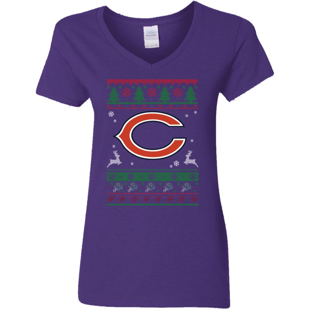 Chicago Bears Logo Football Teams Ugly Christmas Sweater Women V-Neck T-Shirt