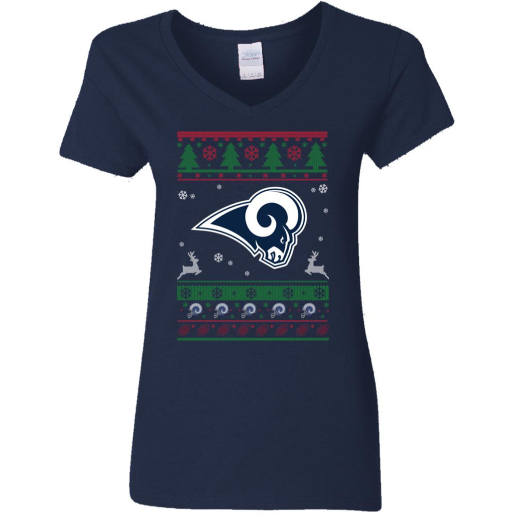 Los Angeles Rams Logo Football Teams Ugly Christmas Sweater Women V-Neck T-Shirt