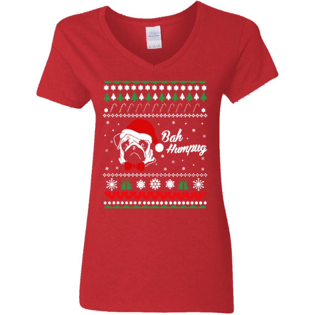 Bah Hum Pug Dog Christmas Women V-Neck T-Shirt