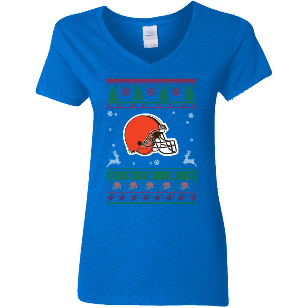 Cleveland Browns Logo Football Teams Ugly Christmas Sweater Women V-Neck T-Shirt
