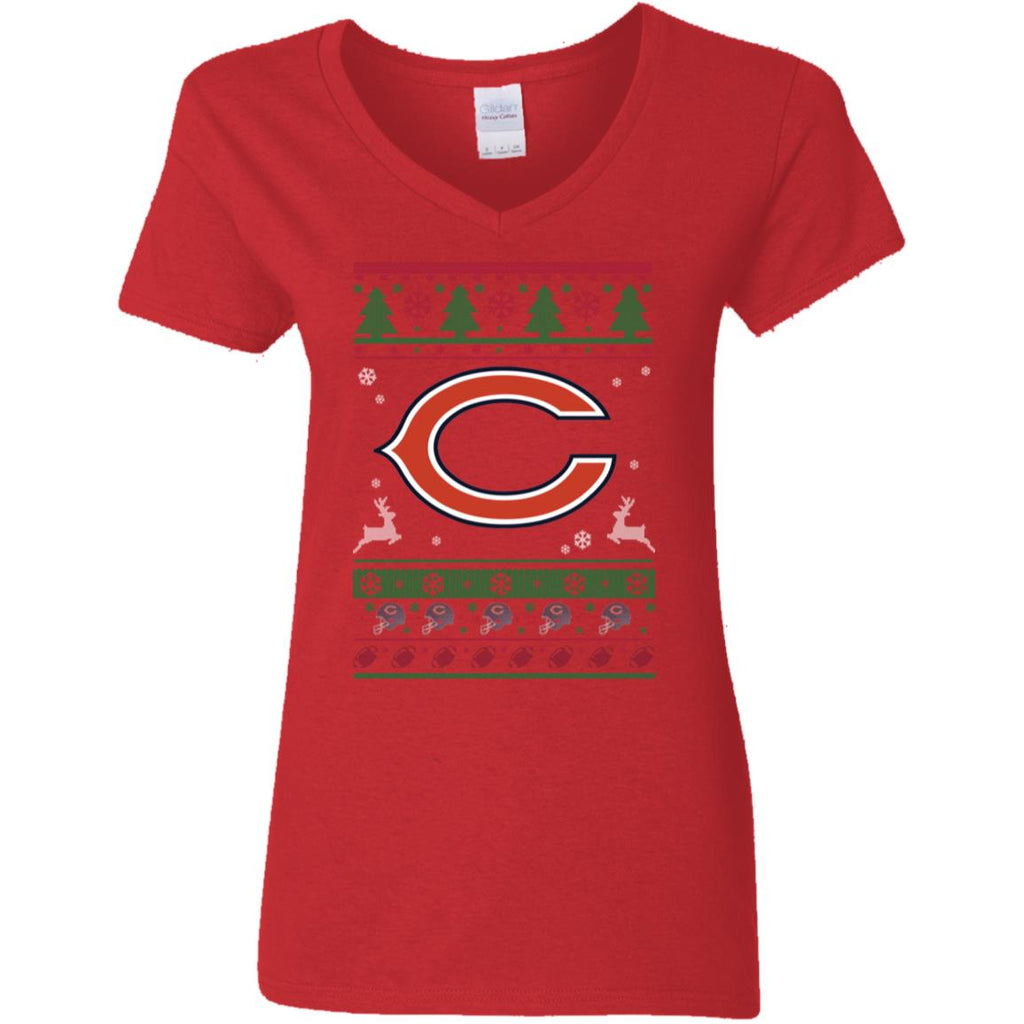 Chicago Bears Logo Football Teams Ugly Christmas Sweater Women V-Neck T-Shirt