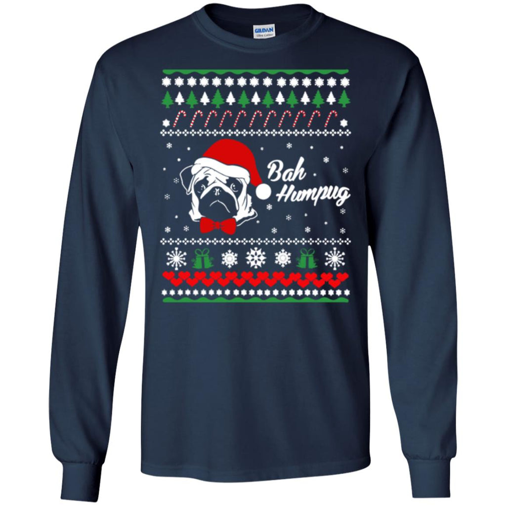Bah Hum Pug Dog Christmas Men Long SLeeve Shirt