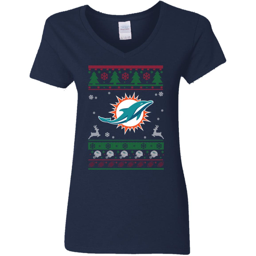 Miami Dolphins Logo Football Teams Ugly Christmas Sweater Women V-Neck T-Shirt