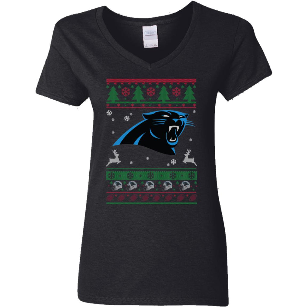 Carolina Panthers Logo Football Teams Ugly Christmas Sweater Women V-Neck T-Shirt