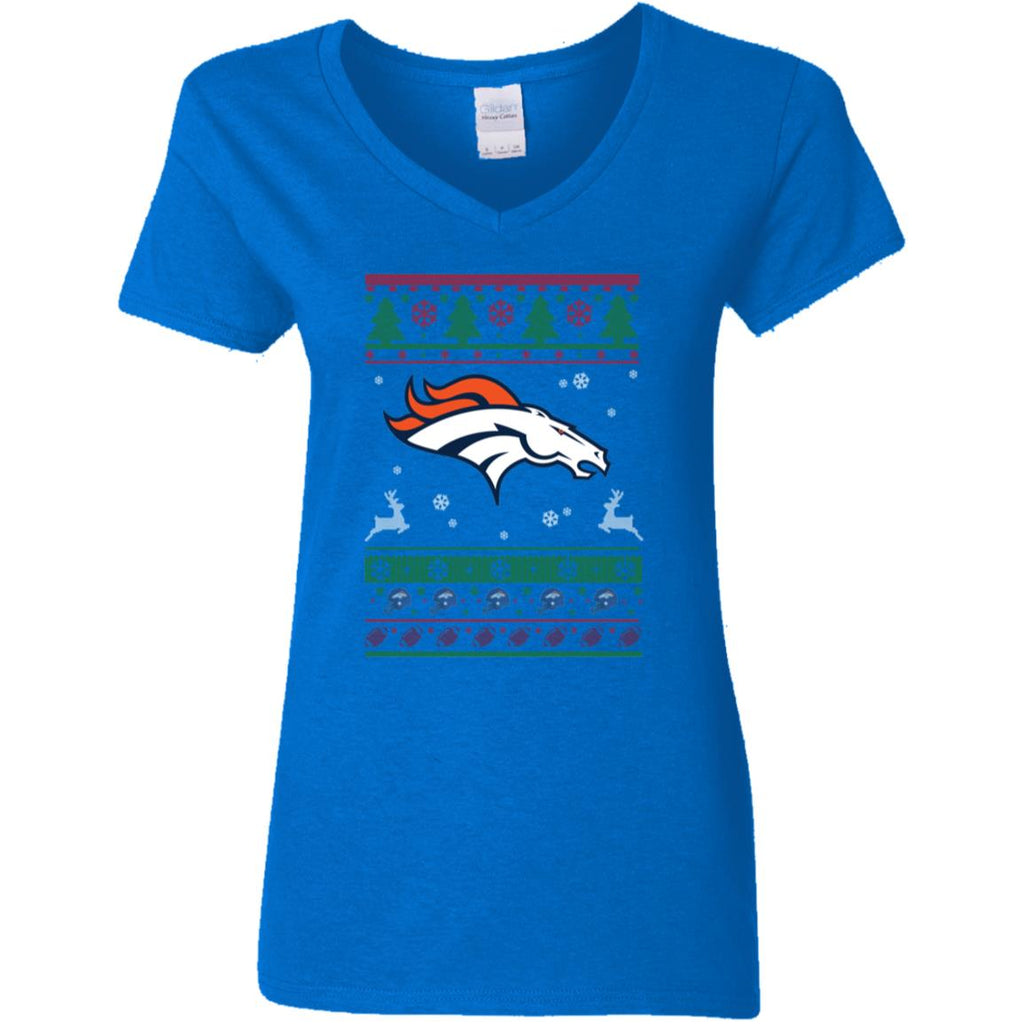 Denver Broncos Logo Football Teams Ugly Christmas Sweater Women V-Neck T-Shirt