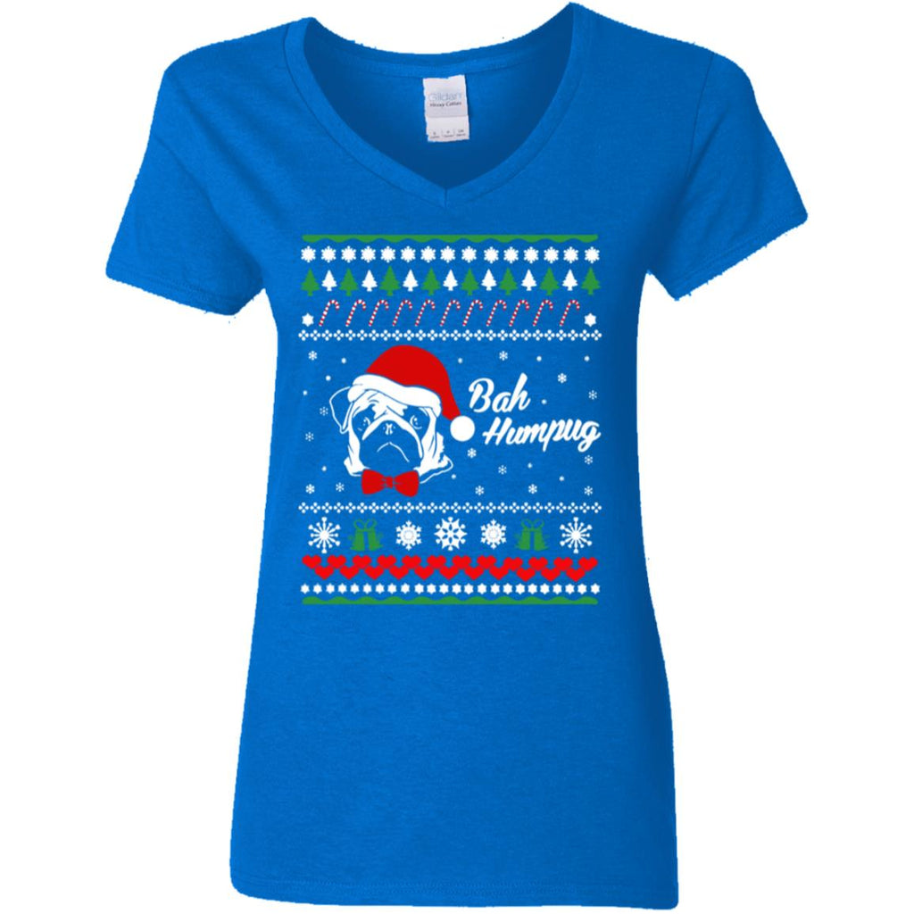 Bah Hum Pug Dog Christmas Women V-Neck T-Shirt
