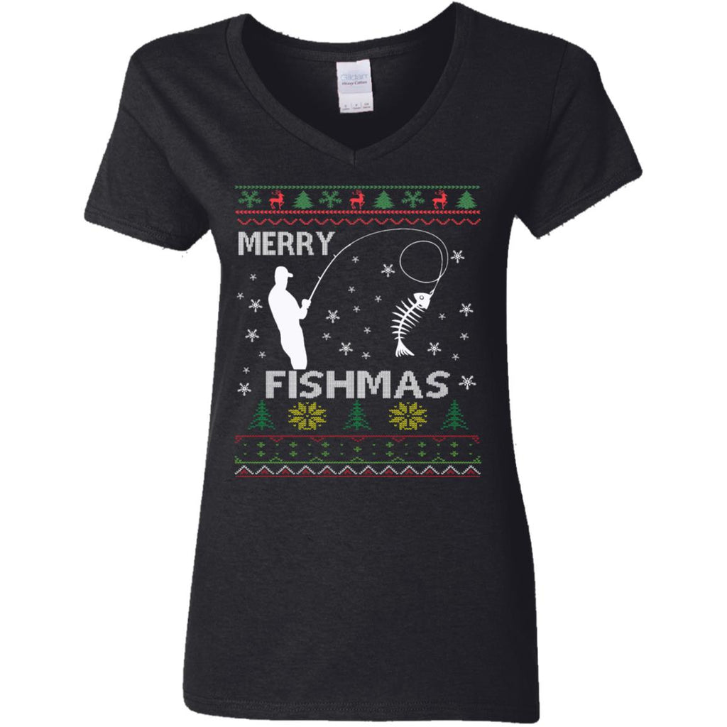 Merry Fishmas Ugly Christmas Women V-Neck T-Shirt