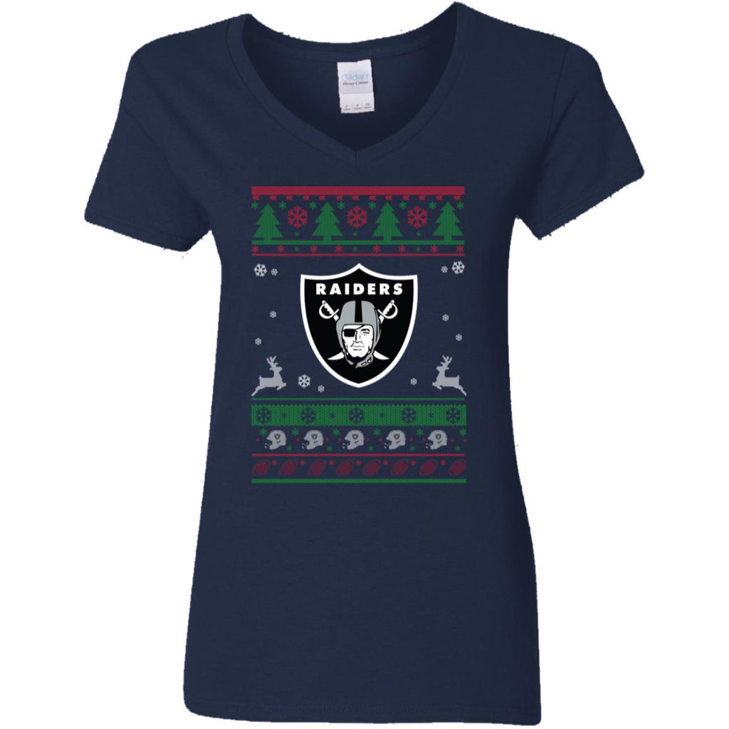 Oakland Raiders Logo Football Teams Ugly Christmas Sweater Women V-Neck T-Shirt