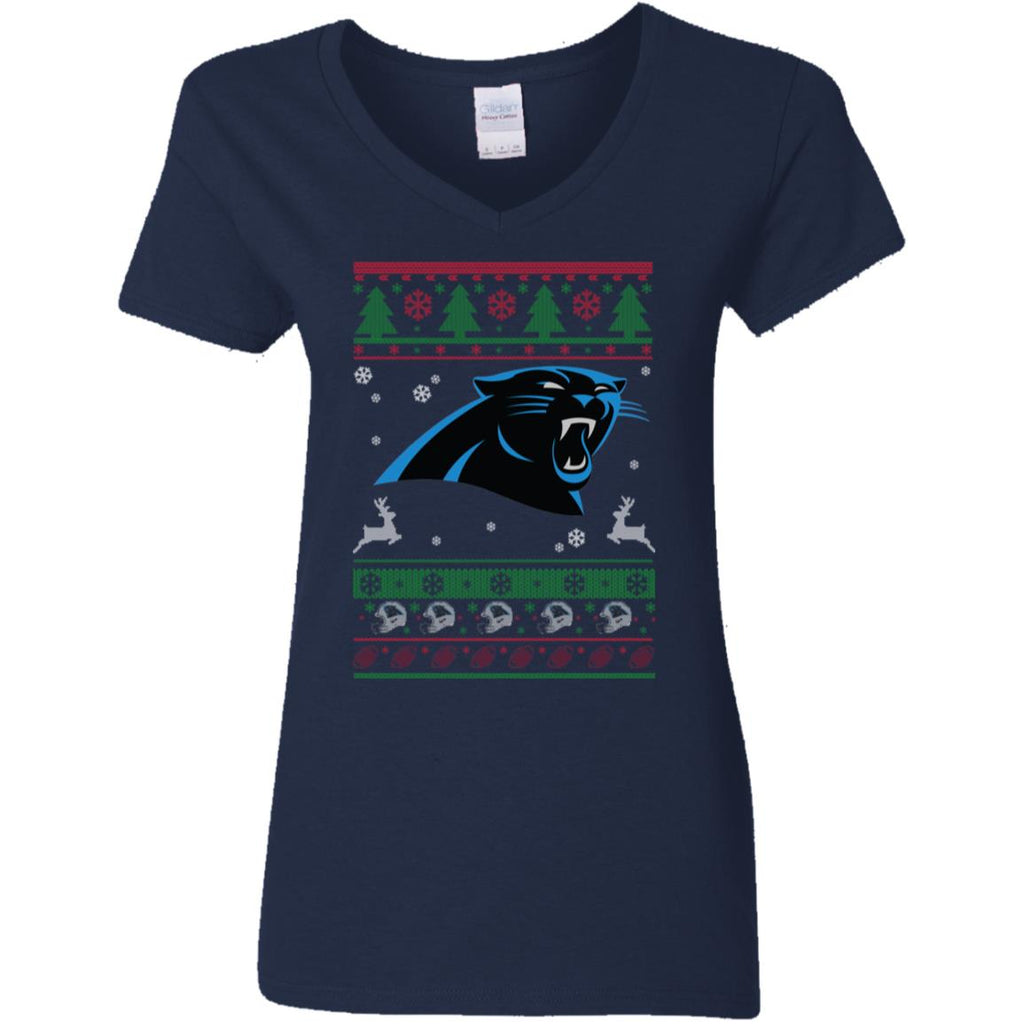 Carolina Panthers Logo Football Teams Ugly Christmas Sweater Women V-Neck T-Shirt