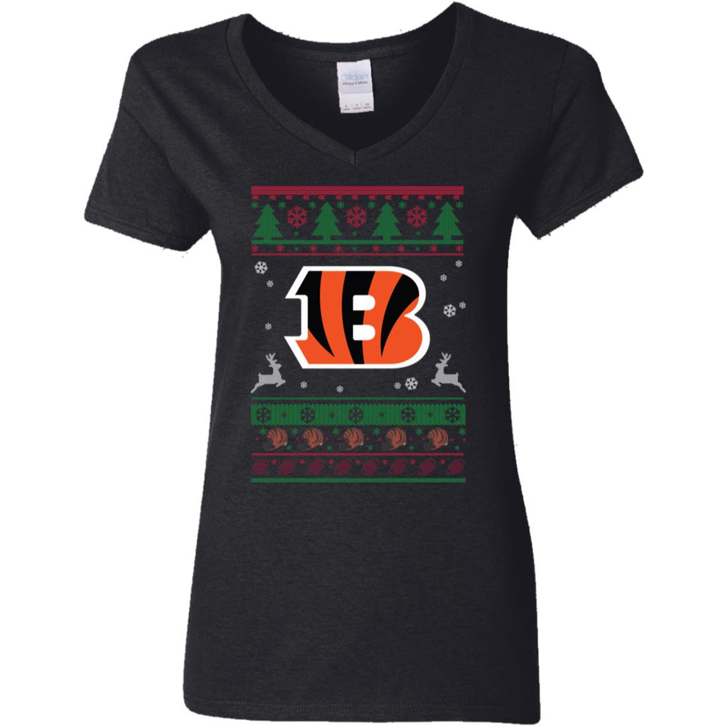 Cincinnati Bengals Logo Football Teams Ugly Christmas Sweater Women V-Neck T-Shirt
