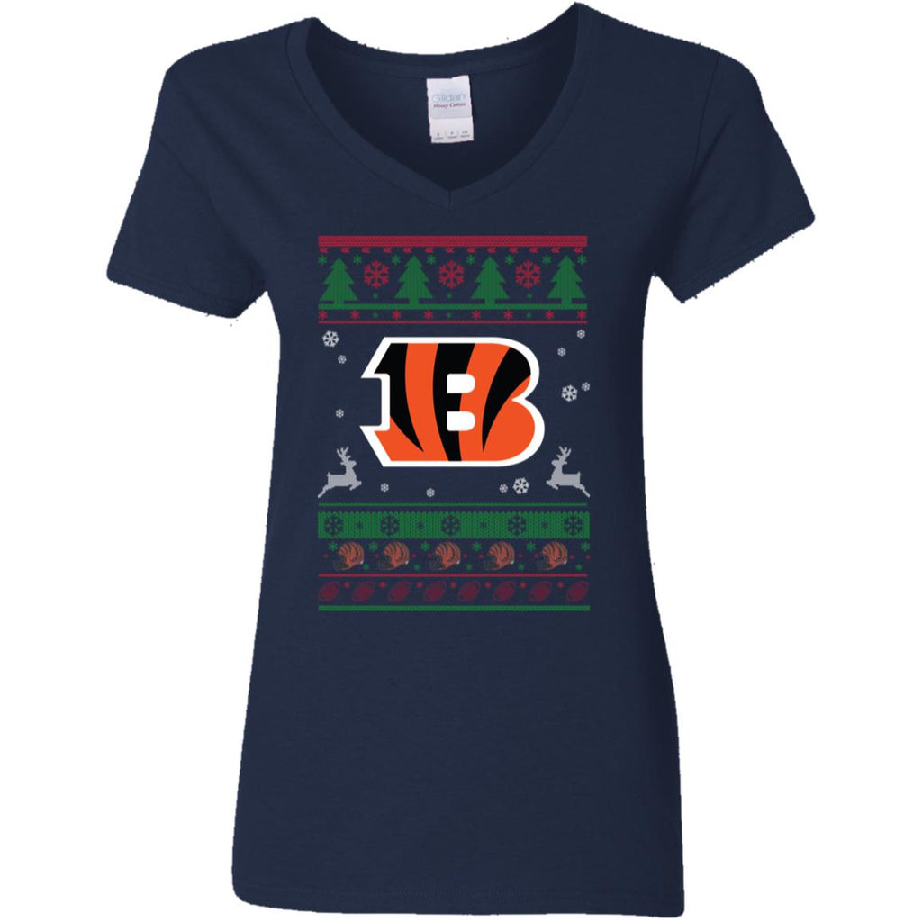Cincinnati Bengals Logo Football Teams Ugly Christmas Sweater Women V-Neck T-Shirt