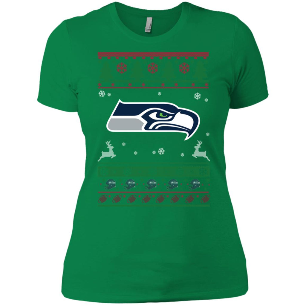 Seattle Seahawks Logo Football Teams Ugly Christmas Sweater Women T-Shirt