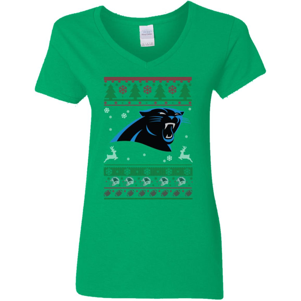 Carolina Panthers Logo Football Teams Ugly Christmas Sweater Women V-Neck T-Shirt