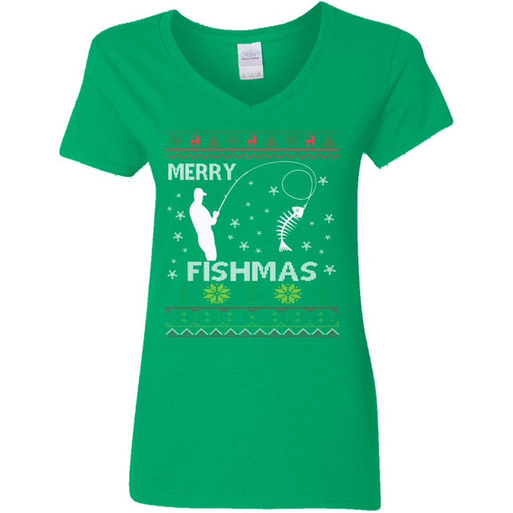 Merry Fishmas Ugly Christmas Women V-Neck T-Shirt