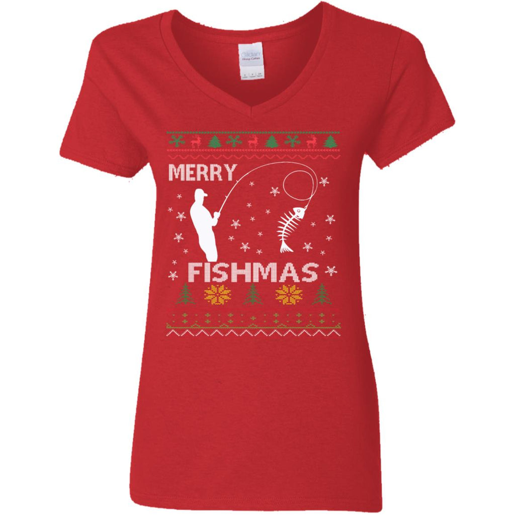 Merry Fishmas Ugly Christmas Women V-Neck T-Shirt