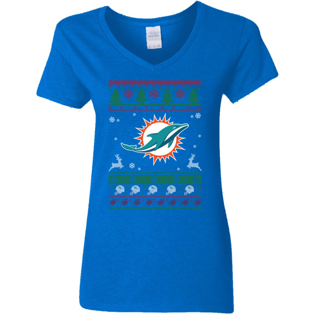 Miami Dolphins Logo Football Teams Ugly Christmas Sweater Women V-Neck T-Shirt