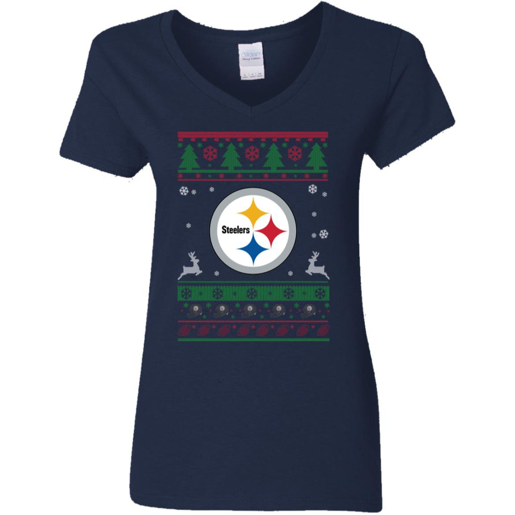 Pittsburgh Steelers Logo Football Teams Ugly Christmas Sweater Women V-Neck T-Shirt