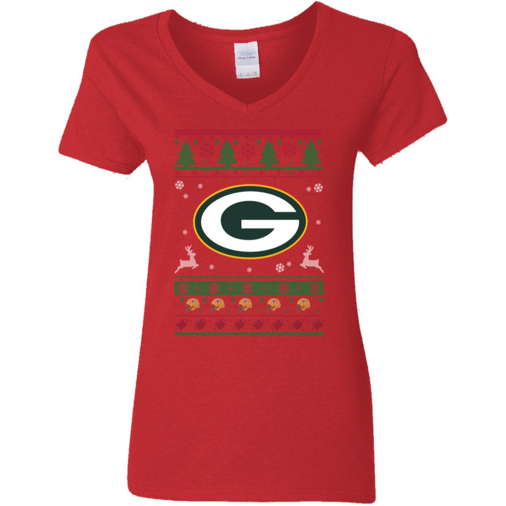 Green Bay Packers Logo Football Teams Ugly Christmas Sweater Women V-Neck T-Shirt