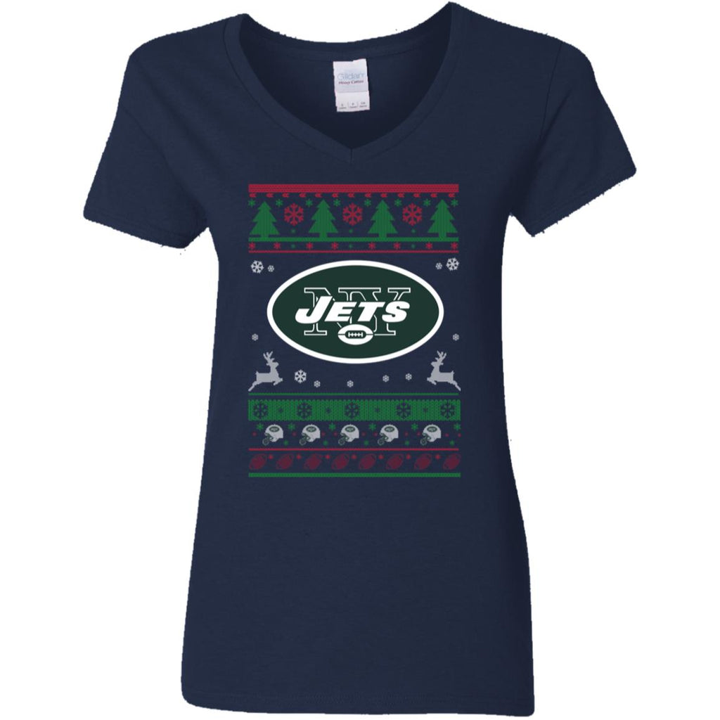 New York Jets Logo Football Teams Ugly Christmas Sweater Women V-Neck T-Shirt